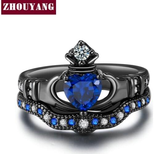 ZHOUYANG Black Gold Color Ring Sets For Women Holding the Created Blue Crystal love Heart Cubic Zirconia Fashion Jewelry DD015