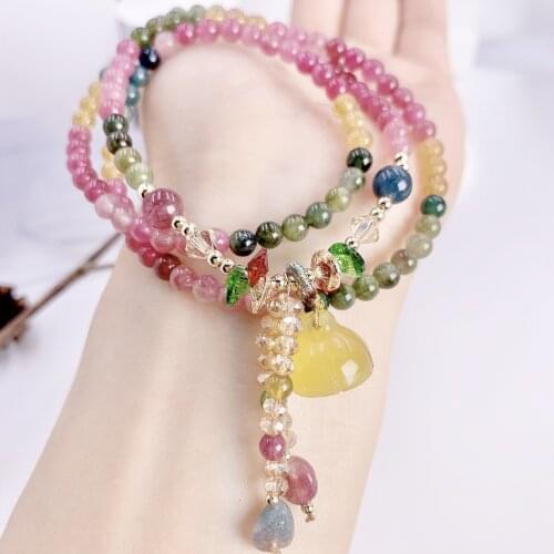Original Design Candy Color Natural Tourmaline Crystal Bracelets for Women Girls Chalcedony Lotus Pendant Multilayer Tassel