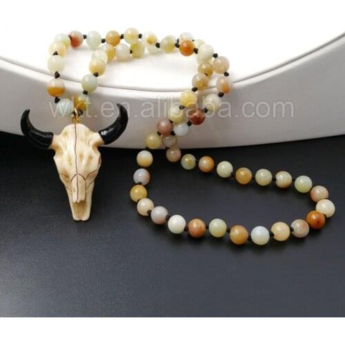 WT-N844 5pcs/lot Wholesale Long bead Cattle Horn Necklace & Pendant,Fashion Resin Cattle Horn Pendant with 32" Amazonite beads