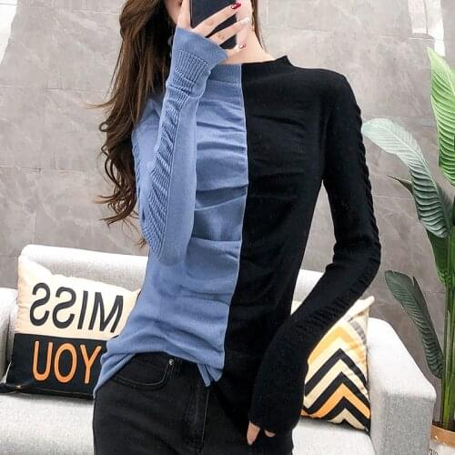 Patchwork Thicken Knitted Sweater Autumn Winter Slim Women Turtleneck Pullover Ruched Women Jumper Elastic Sweater Female