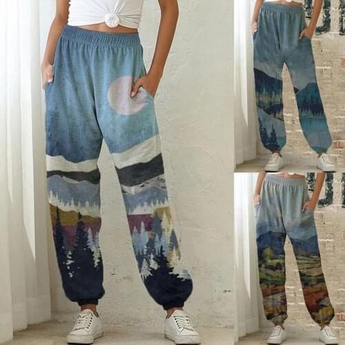 Autumn Women Harem Pants Fashion High Waist Landscape Print Loose Pants Sports Trousers with Pocket 2021 New Trousers Female