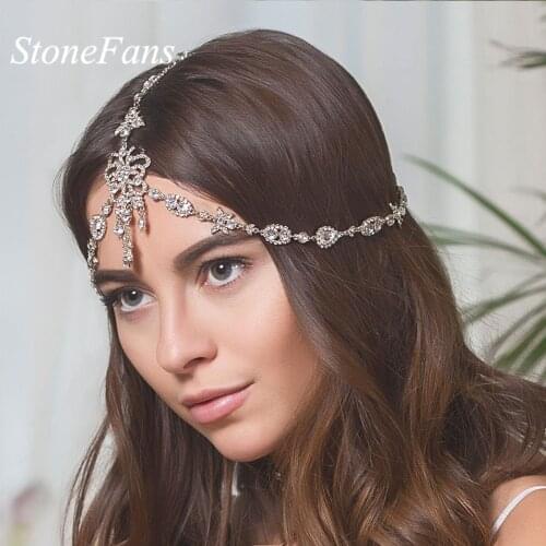 Stonefans Crystal Flower Tiara Forehead Headband Bridal Hair Chain Jewelry Wedding Hair Accessories Bride Head Chain Headpiece