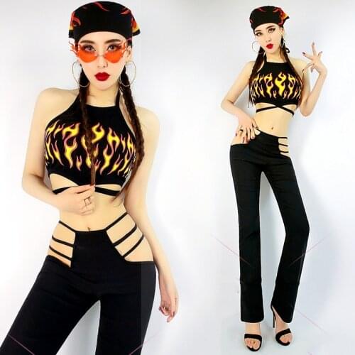 Hip Hop Costumes Adults Jazz Performance Clothing Street Dance Outfit Nightclub Bar Flame Top Sexy Waist Cutout Pants DNV13179