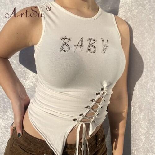 ArtSu O Neck Sleeveless Lace Up Letter Diamonds Sexy Skinny Tank Tops Vest Women White Hollow Out Summer Crop Top Streetwear