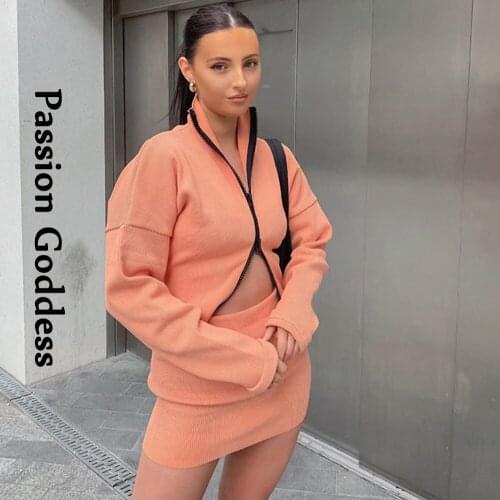 2 Piece Ribbed Zipper Casual Sets Women Pink Outfits Double Zipper Loose Jackets Overcoats Bodycon Skirts Autumn Two Piece Sets