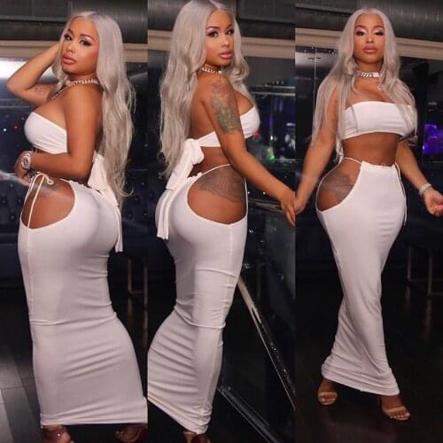 SKMY Summer New Sexy Hollow Bandage Suit Skirt Deep V Exposed Umbilical Ultra Short Top And Buttocks Nightclub Two-Piece Suit