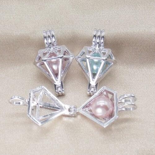 10pcs Bright Silver Rhinestone Shape Pearl Cage Diffuser Lockets Pendant for Aromatherapy Perfume Essential Oil Necklace Making