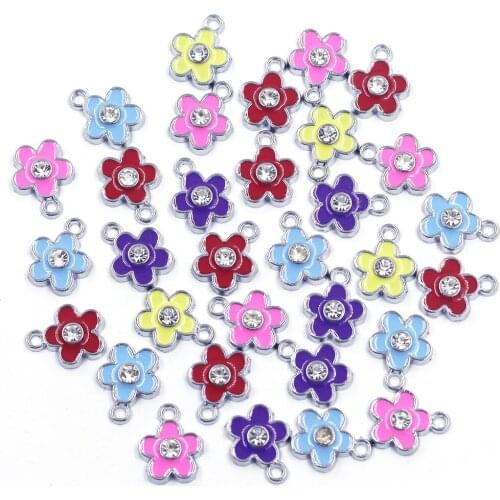 100Pcs Pendants Mixed Silver Tone Flowers Enamel Clear Rhinestone Metal Jewelry DIY Charms 15x12mm