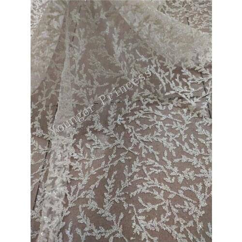 White glued Glitter African Lace Fabric and French Sequins Net Lace Fabric/High Quality for fashion show dress YG-89