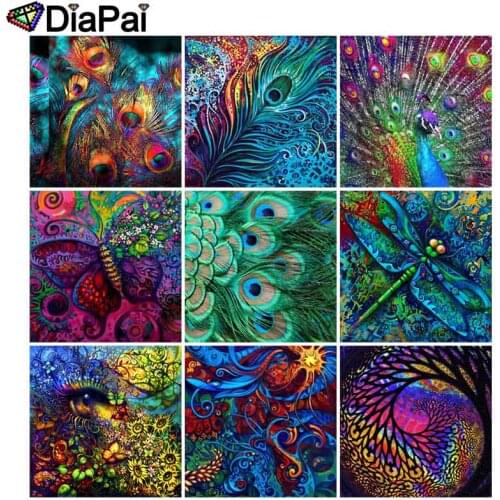 DIAPAI 5D DIY Diamond Painting Full Square/Round Drill "Colored feather peacock" 3D Embroidery Cross Stitch 5D Decor Gift