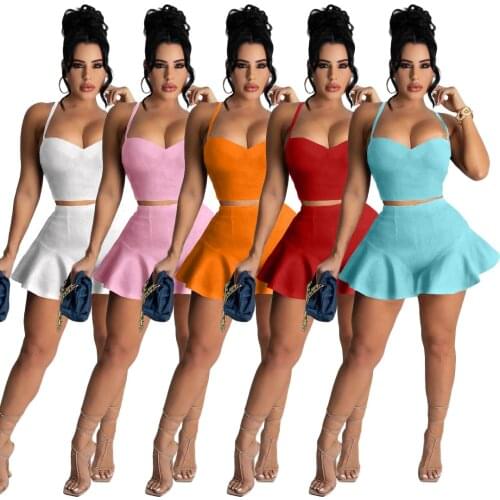 Two Piece Set Women Skirt Casual Sexy Solid Set Halter Thin Shoulder Strap Camisole Crop Top and Ruffle Short Skirt Suit Female