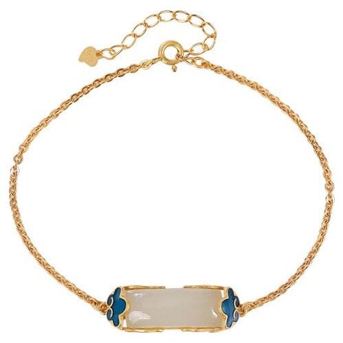 Baifuming S925 sterling silver gold plated Natural Hetian jade Retro Cloisonne Ruyi Square Ladies Bracelet