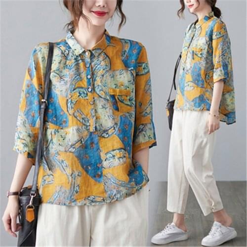 2021 Summer Fashion New Plus Size Women Clothing Mid-Sleeve Loose Thin Floral Cotton And Linen Shirt Top Trend H080