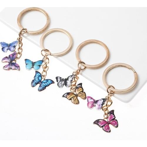 Fashion Double Butterfly Key Chains Morpho Enamel Insect Jewelry for Women Girls Bag Purse Summer Charms Accessory Gift Keyring