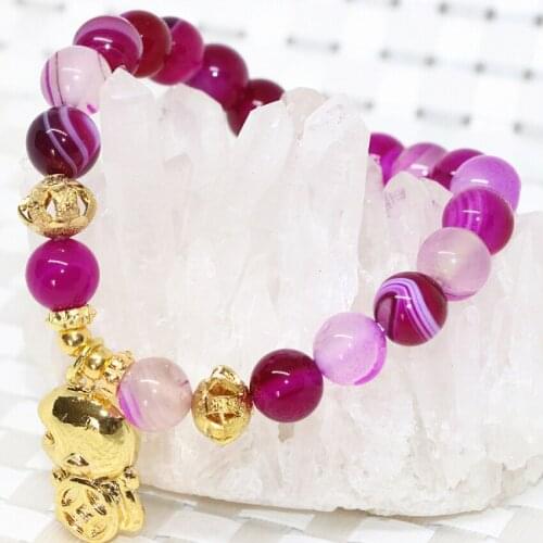 Fashion gold-color monkey pendant 8mm rose red veins agat onyx carnelian round beads bracelet for women jewelry 7.5inch B2085