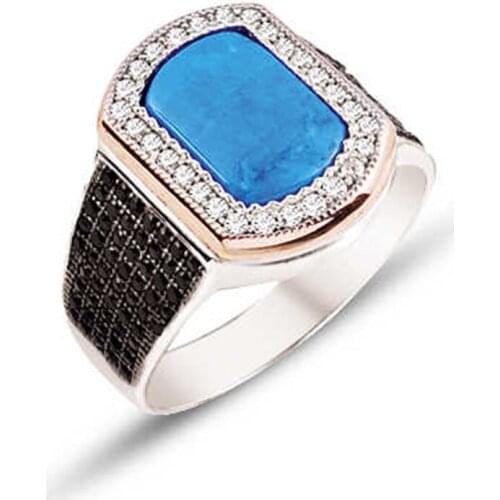 Silver Turquoise Stone Around White Zircon Embellishment Men 'S Ring
