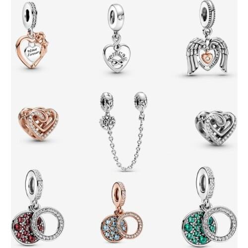 Original 925 Sterling Silver Beads Sparkling Red Disc Light Blue Green Disc Double Heart Family Tree Safety Chain Dangle Charm