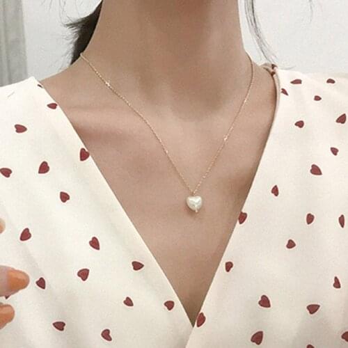 Simple Korean Style Cute Heart Imitation Pearl Pendant Necklace Women Elegant Geometric Clavicle Necklace Jewelry Gift YN1671