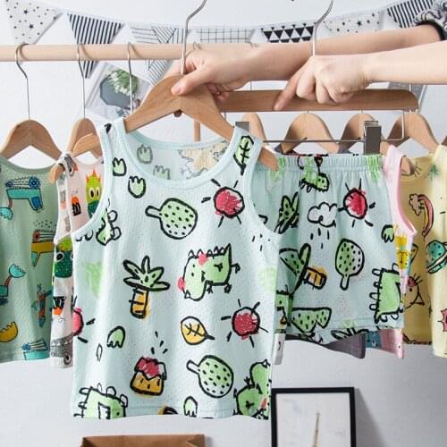 Sleeveless Kids Boys Pajamas Mesh Breathable Pyjamas Sets For Girls Child Cotton Sleepwear Nightwear Toddler Girl Clothes Suit
