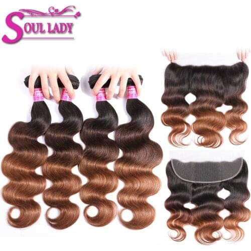 Ombre Bundles With Frontal T1b/4/30 4 Bundles Ombre Peruvian Body Wave With Frontal NonRemy 100% Human Hair Bundles With Frontal