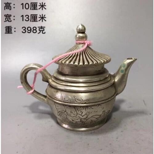 White copper relief childrens teapot Water Tea Pot Cupronickel Statue Antique home furnishings antique old copper crafts