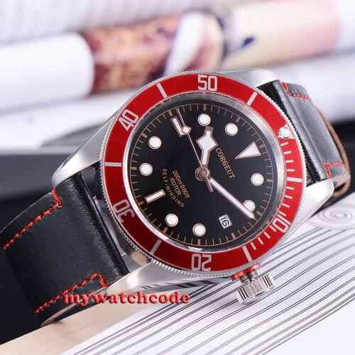 Luxury 41mm Corgeut Black Dial Sapphire Glass Miyota 8215 NH35 Automatic Diving Watch C51 Date Indicator Leather Strap