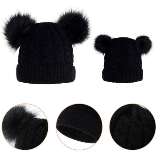 2Pcs Parent-Child Winter Cable Knit Beanie Hat Double Pompom Skull Cap Warmer Y1QD