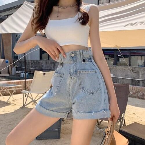Korean Crimping Women Summer Denim Shorts High Waist Buttons Pocket Tassel Female Short Loose A-Line Wide Leg Pants Ins Hot Sale