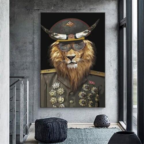 Nordic Home Decor Lion General And Monkey Soldier Funny Art Prints Animal Painting On Canvas Wall Decorative Poster Pictures