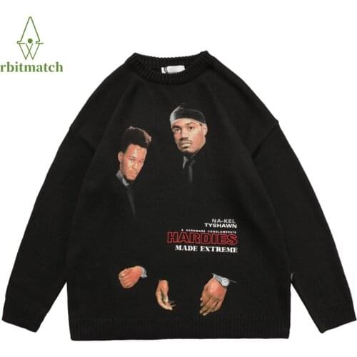 Oversized Sweater Men Hip Hop Rapper Character Print Loose Cotton Knitted Sweater Harajuku Autumn Pullover Vintage Women Tops