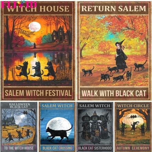 Salems Witch And Black Cat Art Poster And Print Halloween Witch Party Wall Art Canvas Pianting For Witch Home Decorative