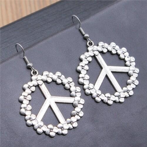 Vintage 2 Colors 38mm Flower Peace Sign Charms Drop Earrings Fashion Handmade Women Earring