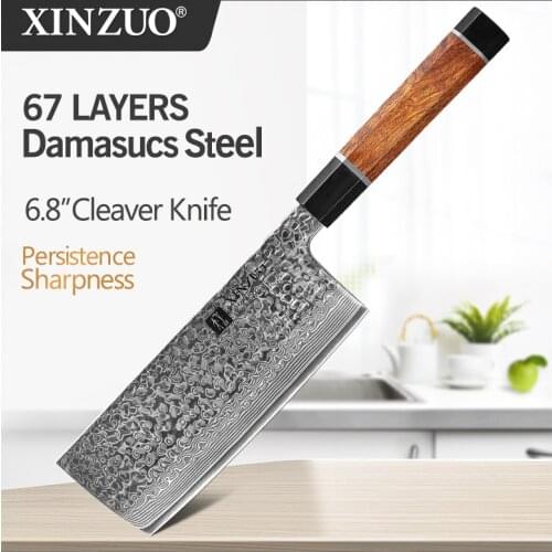XINZUO 6.8'' Kitchen Nakiri Knife Damascus Stainless Steel Butcher Meat Cleaver Knife Vegetable Cutter Desert Ironwood Handle