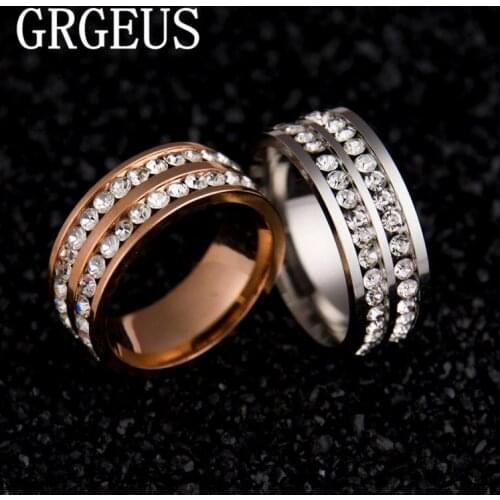 Womens Mens Fashion Double Rows Rhinestones Titanium Steel Wedding Engagement Charm Rings