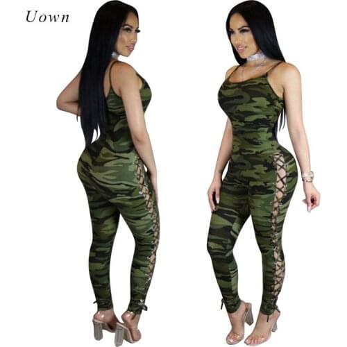 Women Camouflage Print Side Eyelet Lace up Sexy Jumpsuits Hollow out Strap Long Pants Romper Bodycon Club Party Jumpsuit Overall
