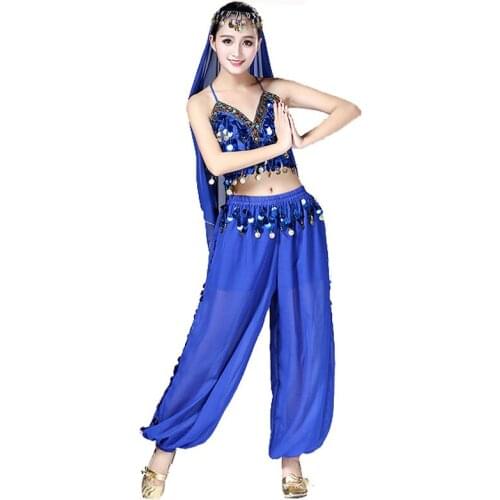 Bollywood Belly Dance Costume Set Indian Dance Sari Bellydance Suit Women Chiffon Sequins bellydance clothes Top&pant&Belt