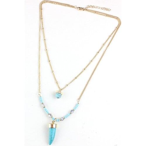Ethnic Boho Bijoux Perfume Women Two Layers Necklaces Blue and White Pendant Necklace cc Chains Stone Collier Femme 2015