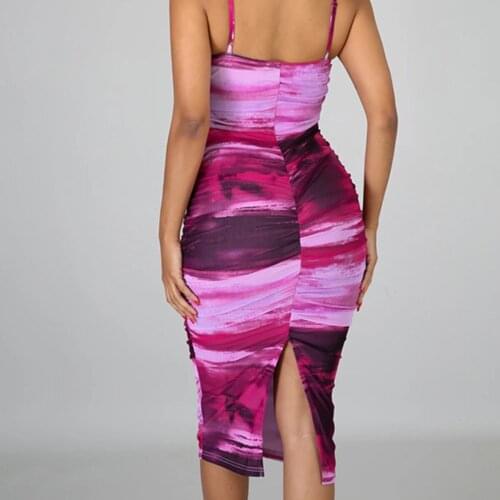 BacklakeGirls Women Tie Dye Print Spaghetti Strap Backless Pleated Ruched Bodycon Maxi Dress Sexy Club Stretch Slim Party Dress