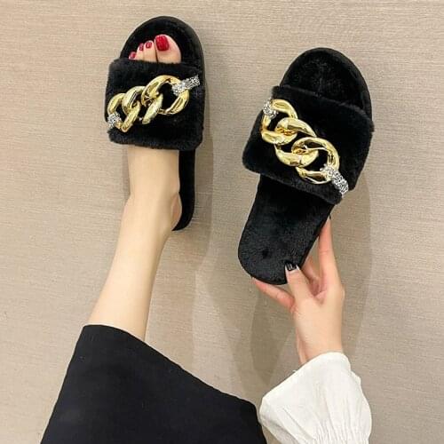 Winter Women Slippers Home Warm Plush Flat Slipper Ladies Shoes Luxurious Golden Chain Furry Female Footwear Fashion New 2021