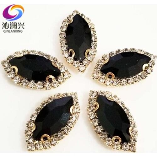 Gold bottom black color Top grade Glass Crystal buckle, eye shape sew on rhinestones with holes,Diy/jewelry accessories SWEKG02