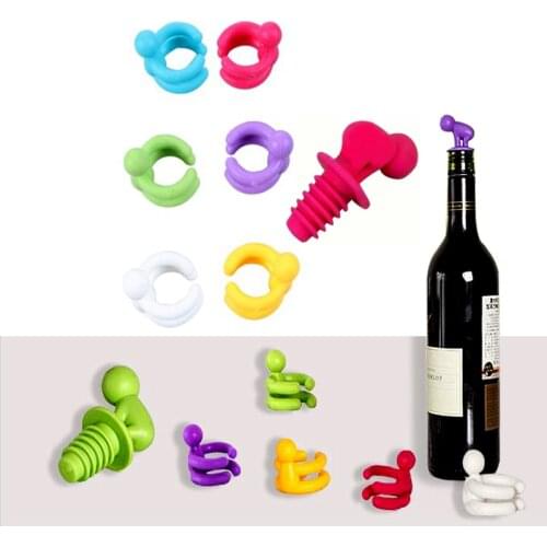 7pcs/set Silicone Drunkard Champagne Wine Bottle Stopper with Glass Cup Marker Set Novelty wedding decoration