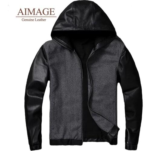 Men 100% real sheep skin leather Jacket mens simple hooded Genuine jacket Patchwork wool coat Baseball uniform PY127