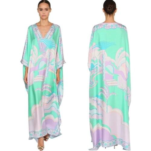 New womens V-neck printing fashion elastic knitting loose casual silk jersey long dress