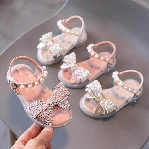 Summer New Children Sandals Girls Pearl Soft Bottom Rhinestone Bow Little Princess Shoes Shoes for Kids Girls