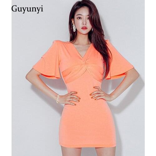 Plain England Style Mini Dress 2021 Summer Simple Temperament Cross V-Neck Flare Sleeve Elegant Tight Party Womens Dresses