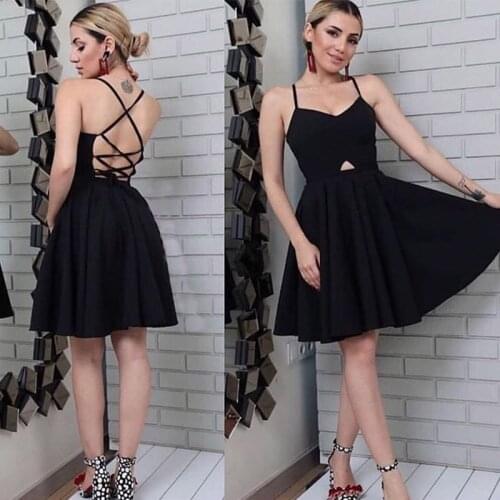 Simple Black Short Cocktail Party Dress Sexy Spaghetti Straps Knee Length Lace Up Vestido De Cocktail Party Dress Prom Dresses
