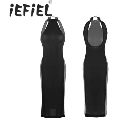 Sexy Women Female Ultra Thin Lingerie Halter Neck High Slit Legs Teddies Dress See Through High Cut Clubwear Erotic Long Dress
