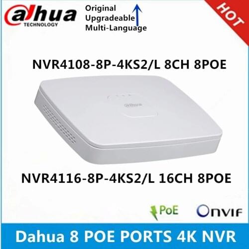 Dahua 4K NVR NVR4108-8P-4KS2 8CH with 8 POE NVR4116-8P-4KS2 16ch with 8PoE ports Lite Network Video Recorder