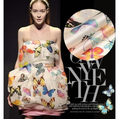 PRINT SILK ORGANZA SATIN FABRIC 135cm width 14momme 100% Pure Silk Fabric Vestido Saten Butterfly Pattern
