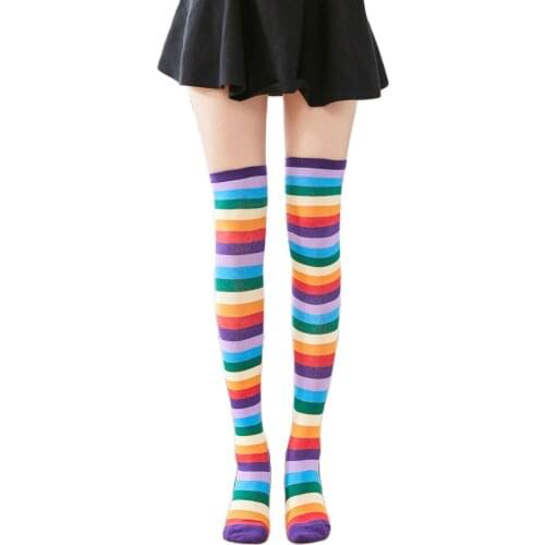 WJ413 Colorful Striped Cotton Party Knee Socks Japanese Students Multicolor Rainbow Stocking